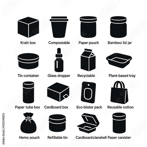 Eco-friendly packaging icon collection: flat style for green, sustainable designs