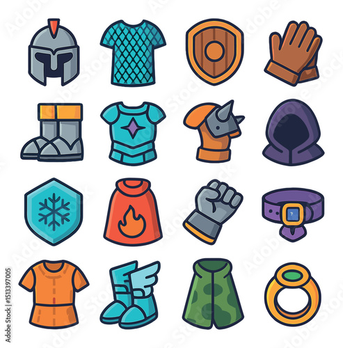 Fantasy rpg icon collection in flat style. adventure, role-playing, gaming elements set