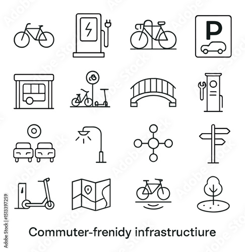 Transportation and commuter linear icons collection. mobility and infrastructure symbols