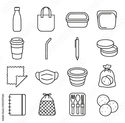 Zero waste lifestyle icon collection: flat, eco-friendly, sustainable, and reusable designs