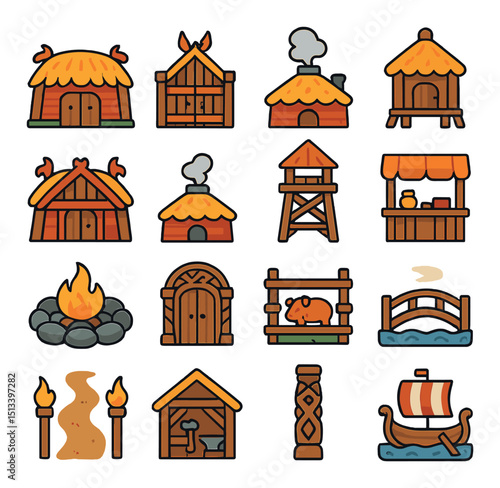 Medieval village flat icon collection. historical, rustic and ancient style set