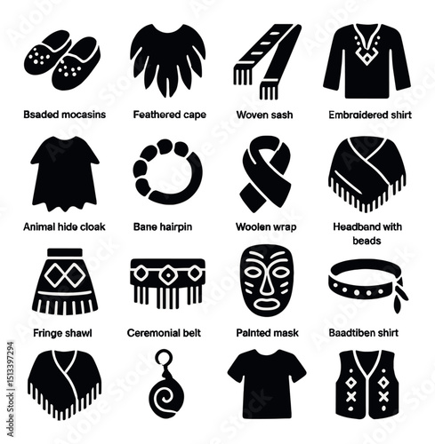 Native american culture silhouette icon collection. tribal and heritage symbol set