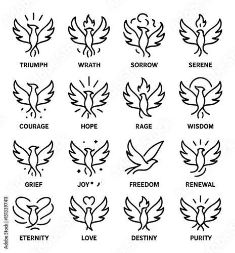 Phoenix spirit linear icon collection. transform, renewal, rebirth symbol set