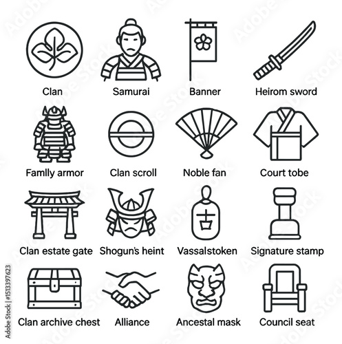 Samurai culture linear icon collection. japan heritage, history symbols set