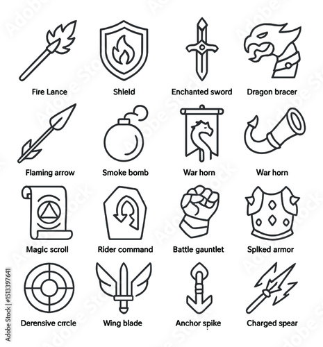 Medieval warfare linear icon collection. battle, knight, and weaponry symbols set