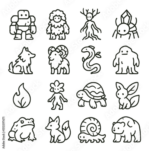 Mythical creatures linear style icon collection. fantasy, legends, and folklore set