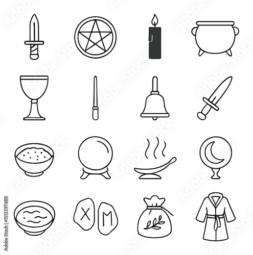 Witchcraft flat icon collection for magic, pagan, and wiccan ritual themes