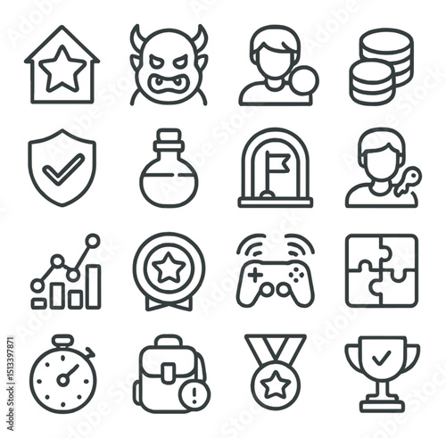 Gaming linear style icon collection for video game interfaces and app design