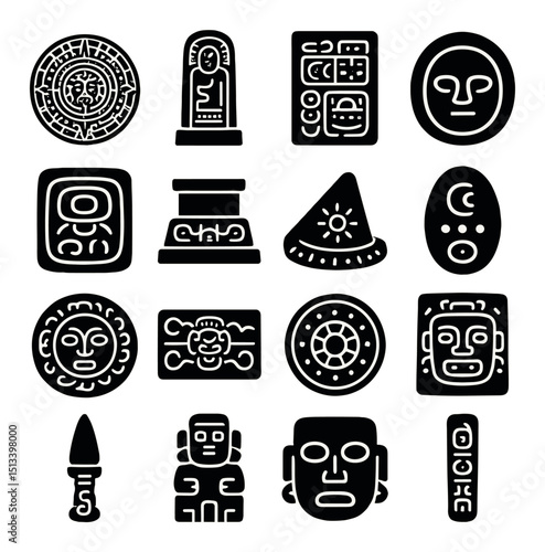 Mayan culture icon collection: flat, silhouette, and linear style. ancient symbols set