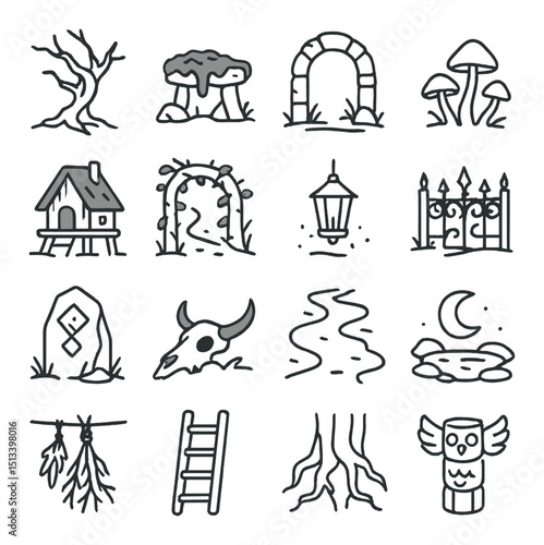 Forest adventure linear icon collection. woodland, nature, and hiking symbol set