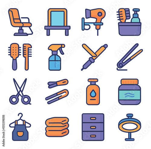 Salon and beauty flat icon collection. hairdressing and grooming essentials set