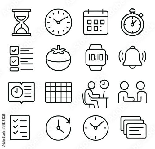 Time management and planning linear style icon collection for organization tools set