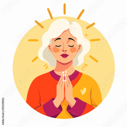 Senior woman praying with serene expression and light aura  