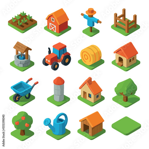 Farming and agriculture flat icon collection. garden, farmhouse, and rural style set