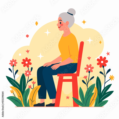 Elderly woman enjoying tranquility in garden, vibrant serenity