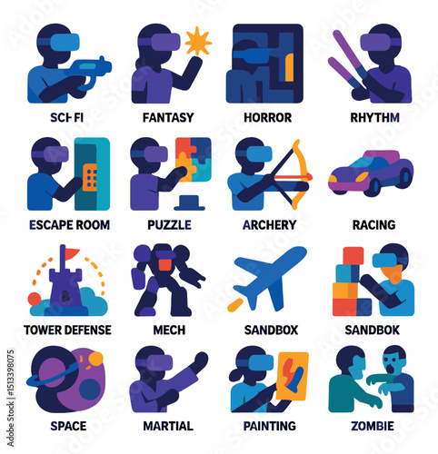 Gaming and entertainment flat icon collection. video games and fun activities set