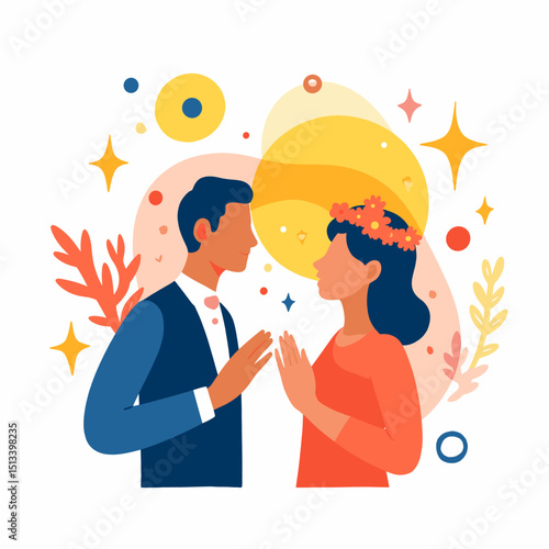 Affectionate couple engaging in ritual celebration, vibrant joy