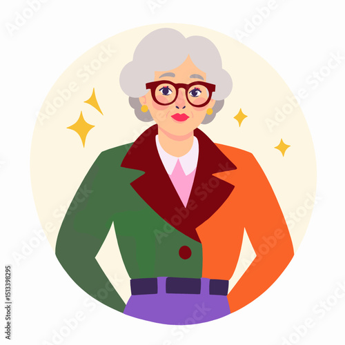 Confident elderly woman in colorful coat, vibrant self-expression