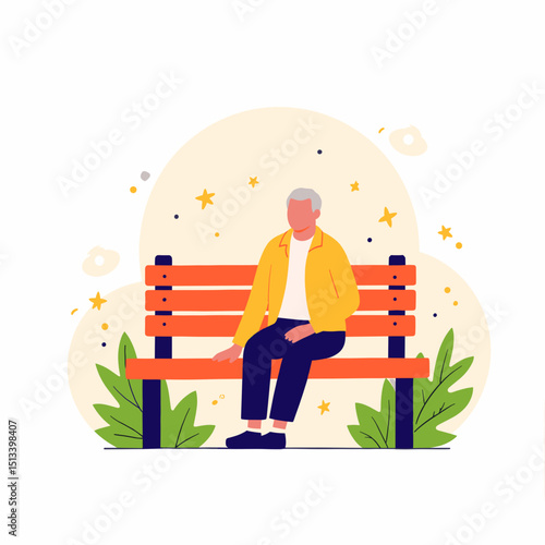 Elderly man sitting on park bench, vibrant serenity in nature