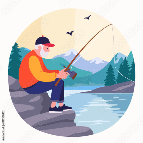 Elderly man fishing by tranquil lake with mountains, peaceful pastime