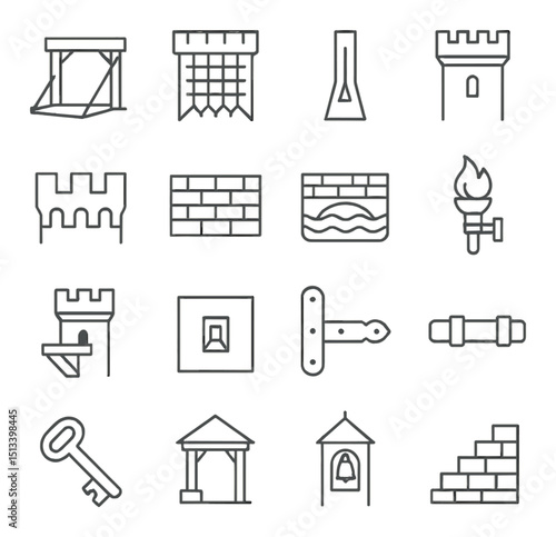 Medieval fortress linear style icon collection. castle, fortress, and ancient defense icons set