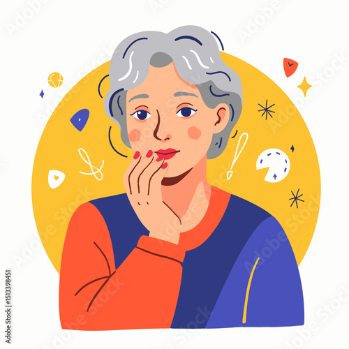 Nostalgic elderly woman contemplating joy, vibrant vector design