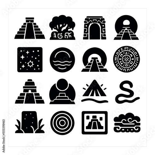 Mayan archaeology silhouette icon collection. ancient culture and history symbol set