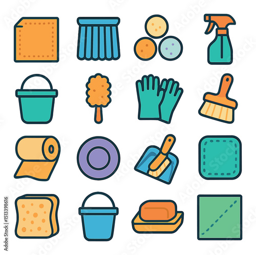 Cleaning tools icon collection in flat style. household and sanitation essentials set