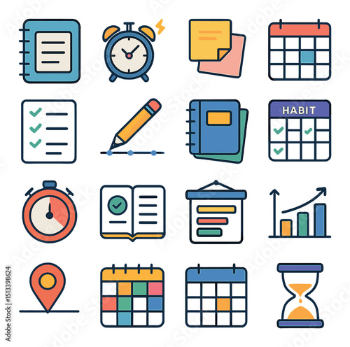 Time management and productivity flat icon collection. task organization set