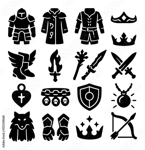 Medieval icon collection in silhouette style. knight, fantasy, and rpg symbols set