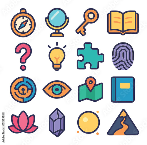 Adventure and exploration flat style icon collection. journey and discovery graphics set
