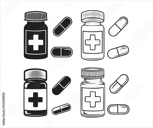  Medicine Bottle and Pills Vector Icon Set