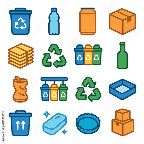 Recycling and waste management flat icon collection. eco, sustainability symbols