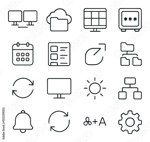 Data management linear style icon collection. database and network symbols set