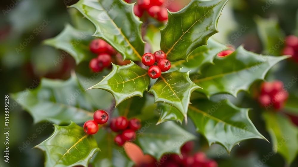 Obraz premium Close-Up of Holly Leaves and Berries – Traditional Christmas Plant