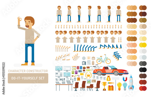 Vector young adult man in pullover do-it-yourself creation kit. Full length, gestures, emotions - all character constructor elements for building your own design for infographic illustrations.