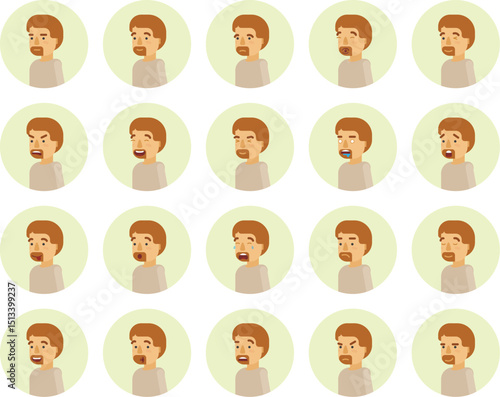 Vector young adult man avatars and emoticons set in flat style, side view.