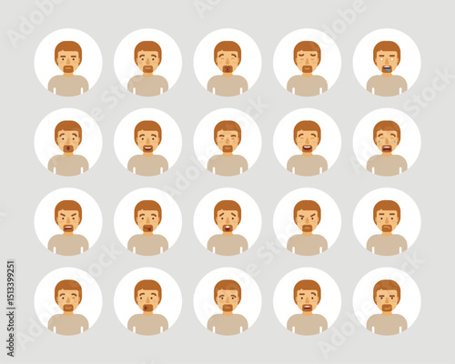 Vector young adult man avatars and emoticons set in flat style, front view.
