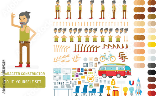 Vector young adult hipster man in tank top shirt do-it-yourself creation kit. Full length, gestures, emotions - all character constructor elements for building your own design for infographic illustra