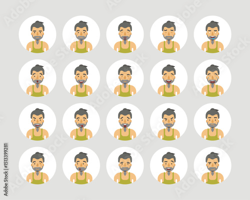 Vector young adult man avatars and emoticons set in flat style, front view.
