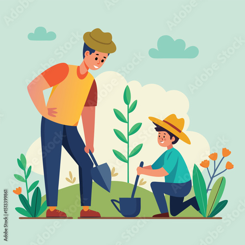Father and Son Gardening Planting Trees Flat Design Vector Illustration