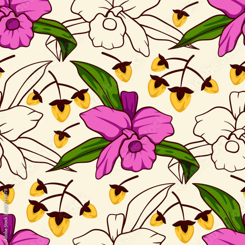 Orchid floral pattern textiles hand drawn line style
