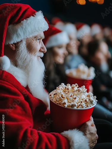 Santa Claus enjoys movie night with popcorn