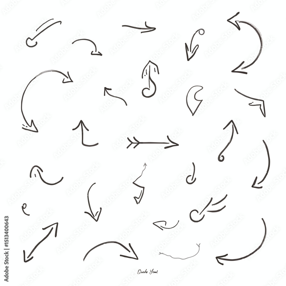 Black and White Hand Drawn Doodle Arrows Sketch Style with Scattered Direction Flowing Organic Dynamic Expressive and Freeform Vector Illustration Set