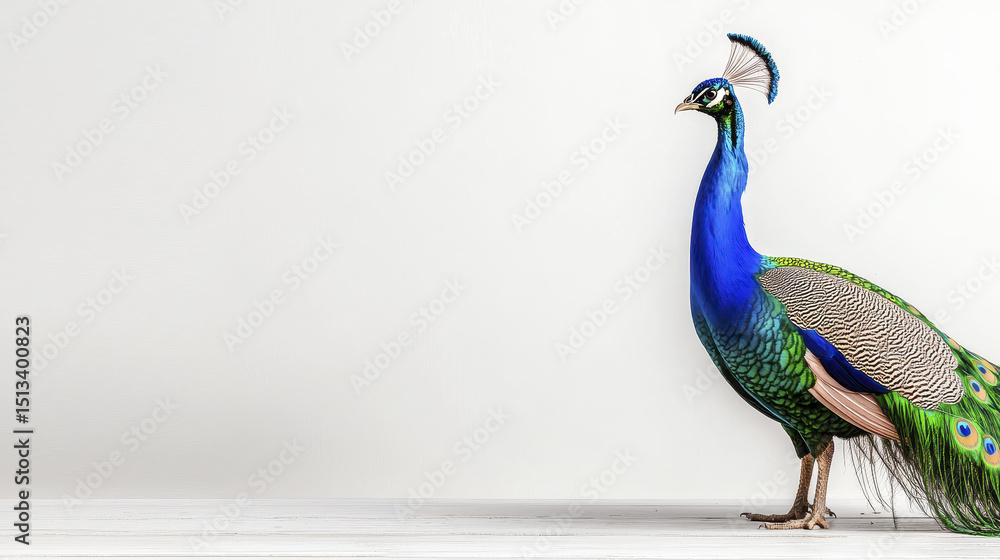 Fototapeta premium Majestic peacock displaying vibrant feathers, showcasing beauty and elegance in serene setting