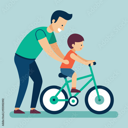 Flat Design Dad Teaching Son to Ride Bike with Training Wheels Vector Illustration