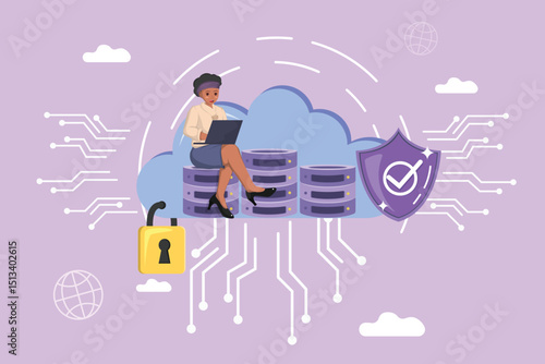 Cloud Data Security: A Confident Woman Securing Information on a Laptop, Illustrating Robust Digital Protection for Databases Stored in the Cloud with Locks and Shields.