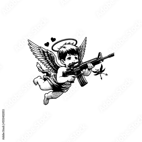 Armed Angel Vector Illustration Black and White Tattoo Style Flying Cherub with Assault Rifle and Wings in Surreal Urban Design