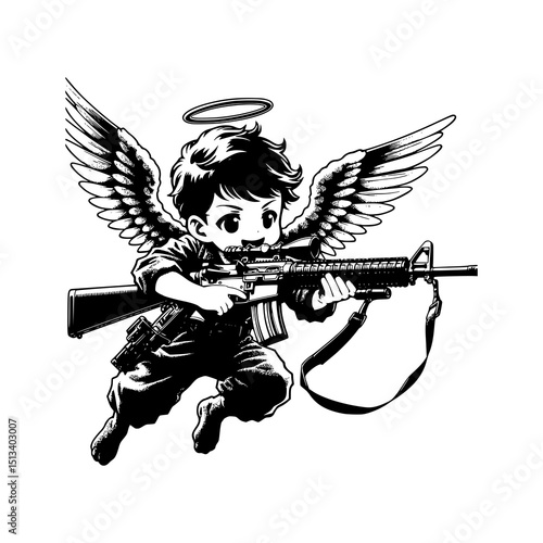 Armed Angel Vector Illustration Black and White Tattoo Style Flying Cherub with Assault Rifle and Wings in Surreal Urban Design