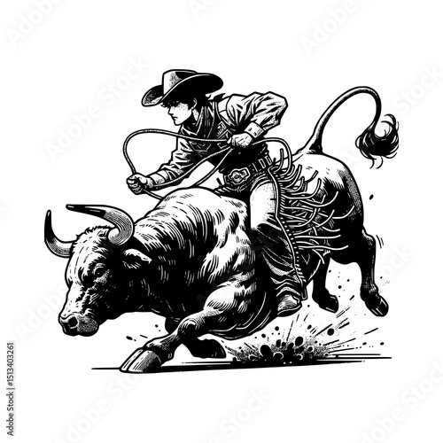 Wild West Rodeo Cowboy Riding Bull Vector Dynamic Black and White Western Style Illustration with Lasso and Action Motion